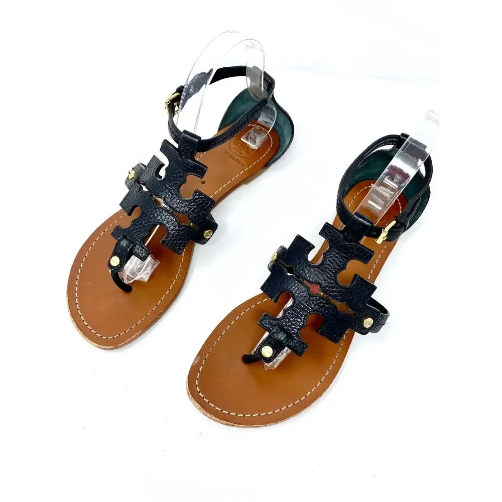 Tory Burch Black Leather Double T Logo Thong Sandals Gold Hardware 8.5
